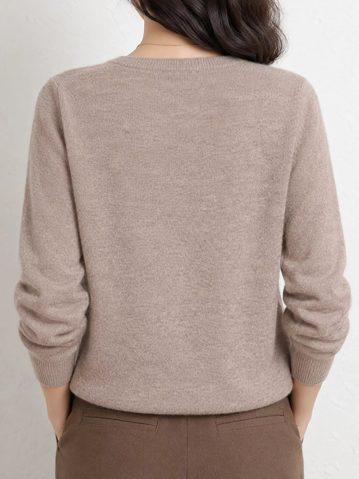 Elegant Camel v-neck long sleeve knit top, back view