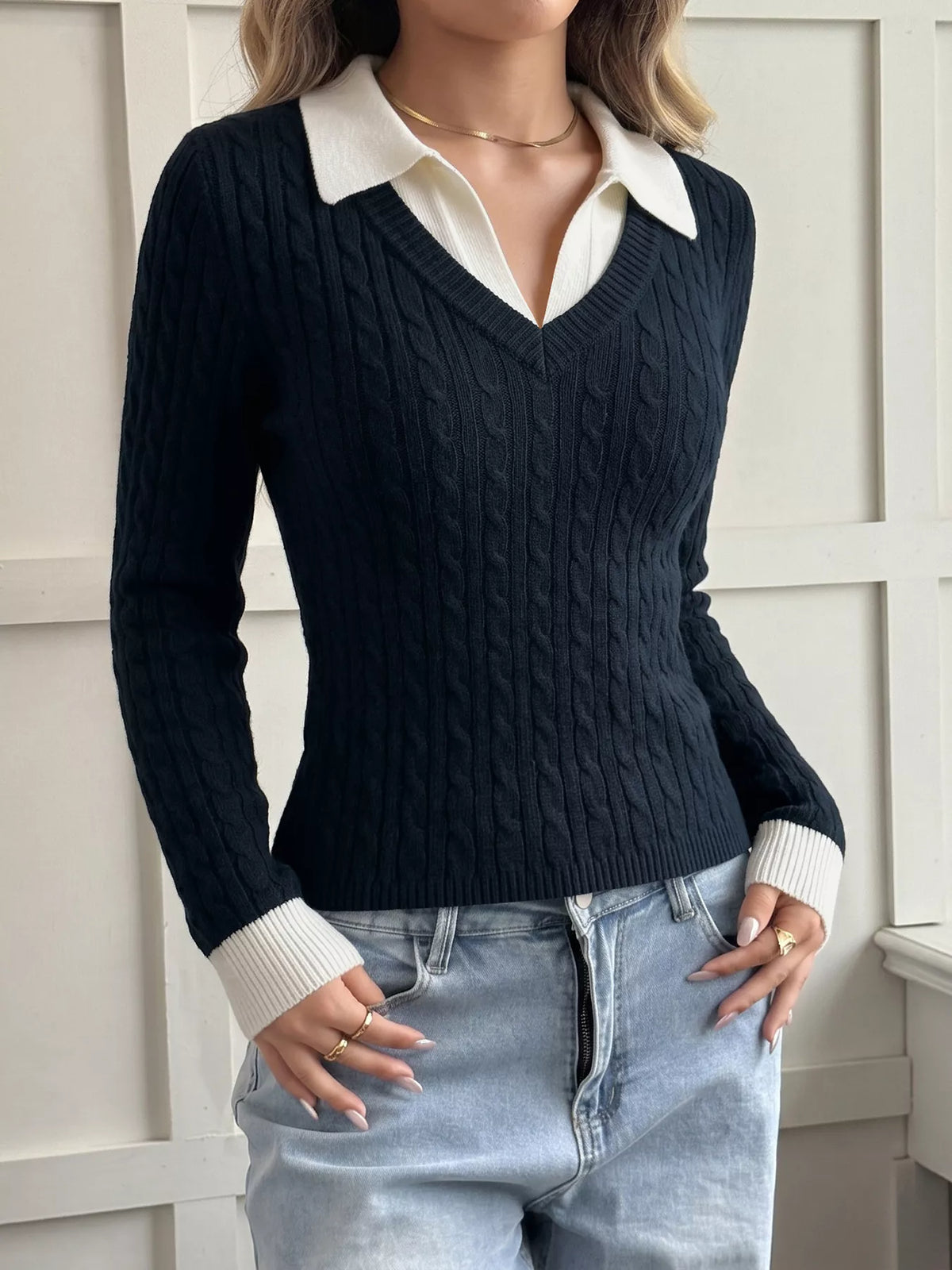 Trendsi Cable Knit Contrast Collar Sweater -