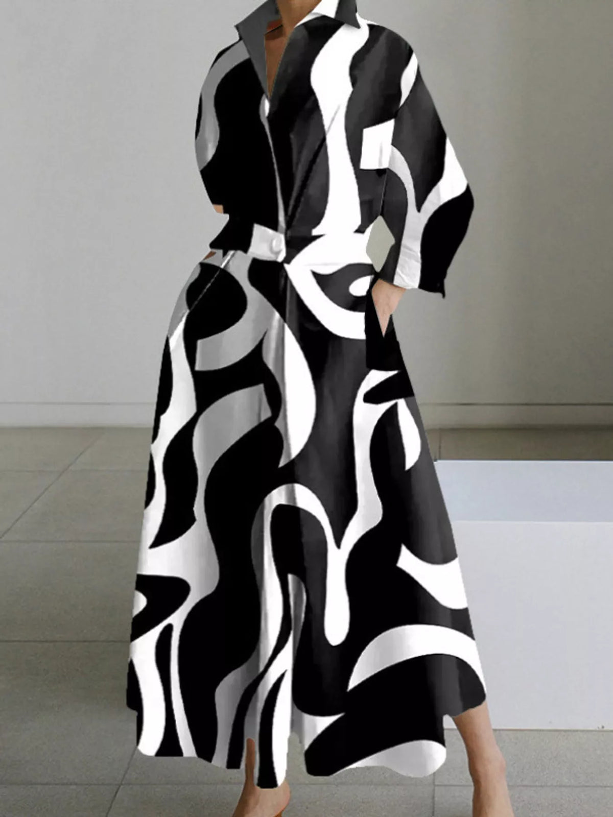 Collared Three-Quarter Sleeve Midi Shirt Dress — front view