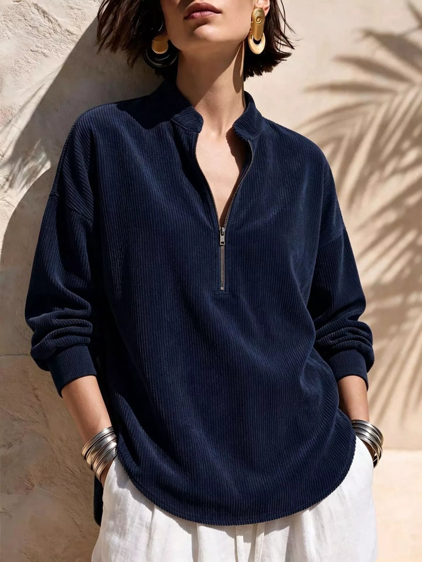 Trendsi Full Size Ribbed Half-Zip Corduroy Sweatshirt Plus Size -