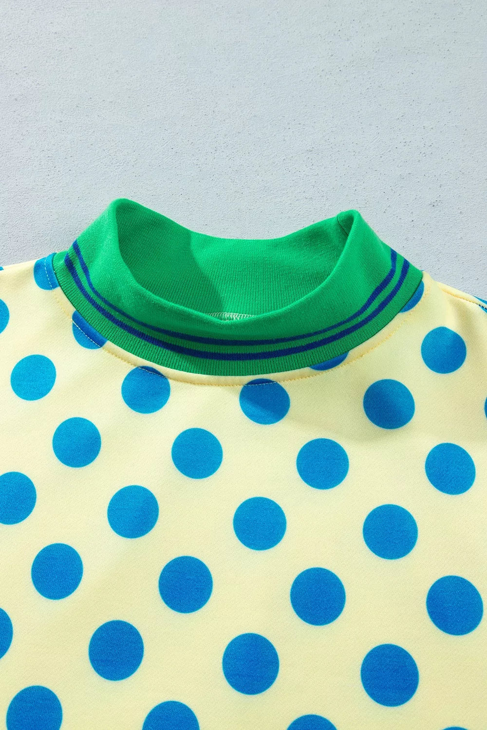 Polka Dot Mock Neck Sweatshirt with Striped Ribbed Trim, neckline detail