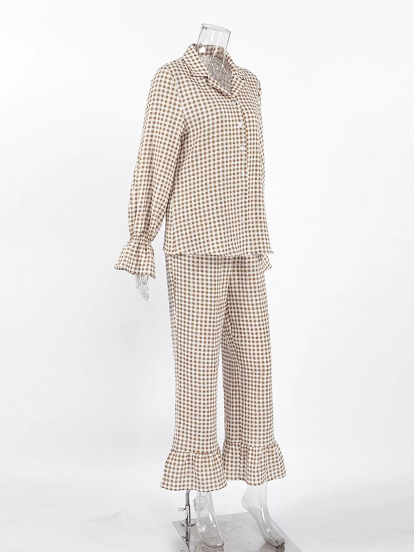 Trendsi Gingham Ruffle-Trim Top and Pants Lounge Set -