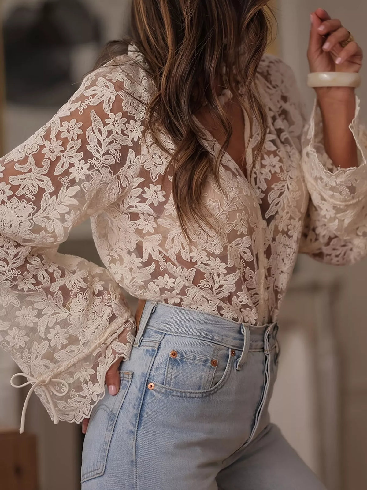 Floral Lace Sheer Shirt — side view