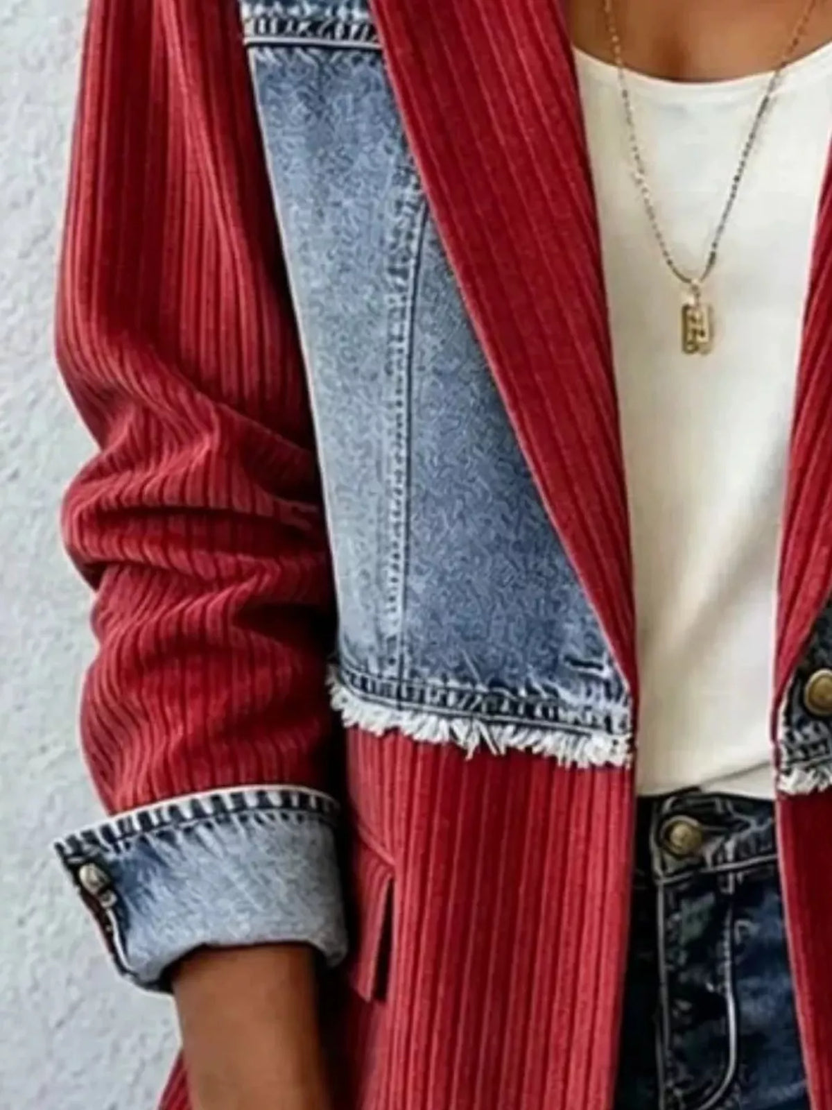 Burgundy and blue ribbed blazer with contrasting panels, sleeve and panel detail