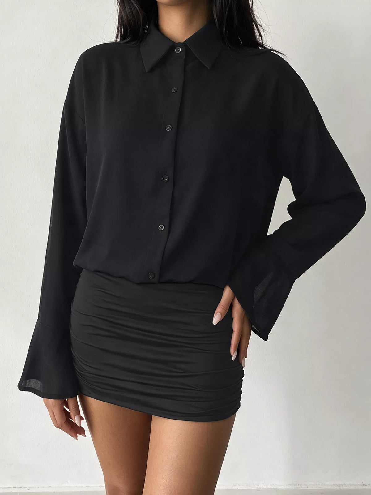 Black flounce sleeve ruched mini shirt dress, button-front view