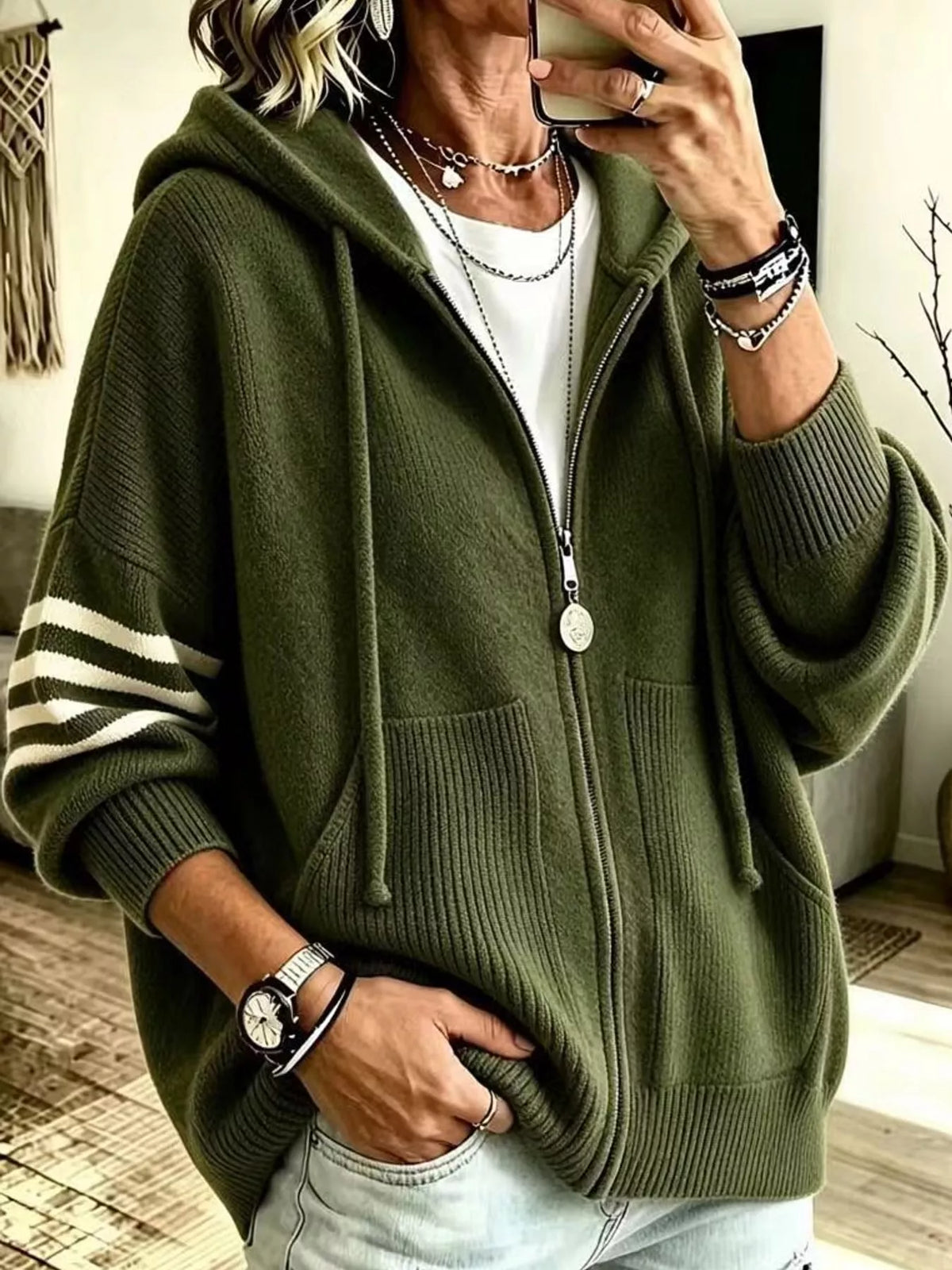 Army Green hooded zip-up knit cardigan