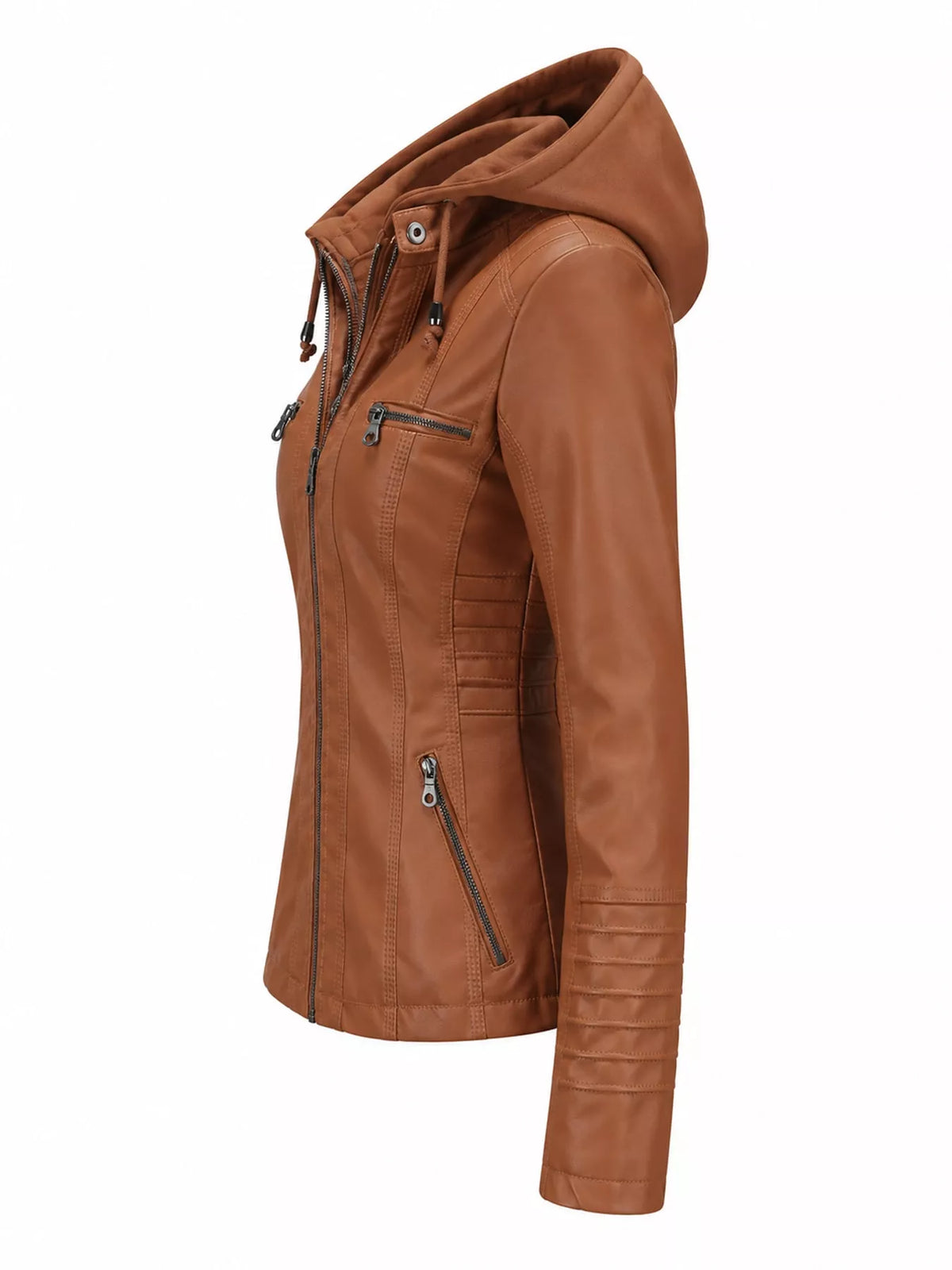 Hooded faux-leather jacket, tan side