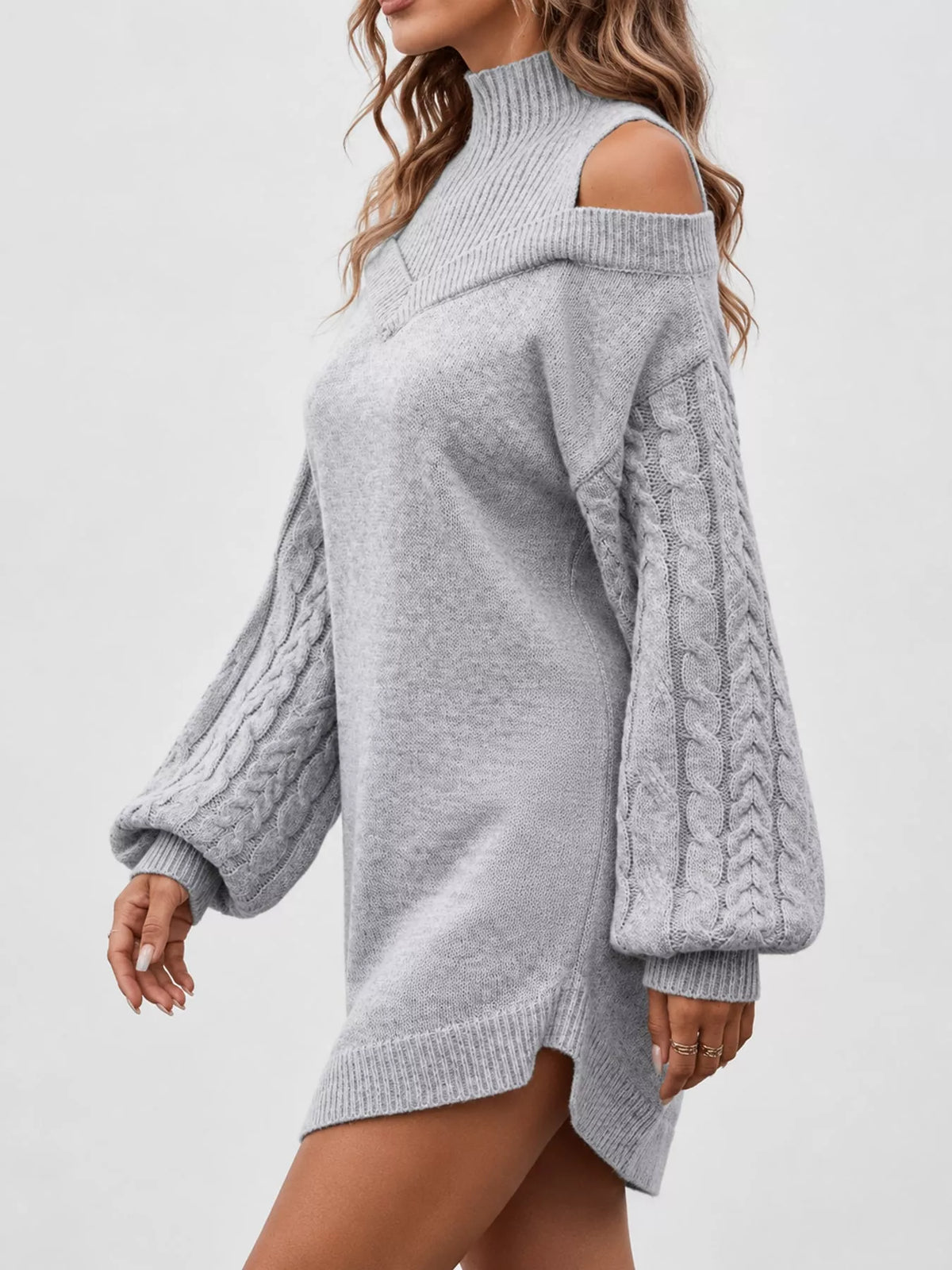 Gray cold shoulder cable knit mock neck sweater dress, side view
