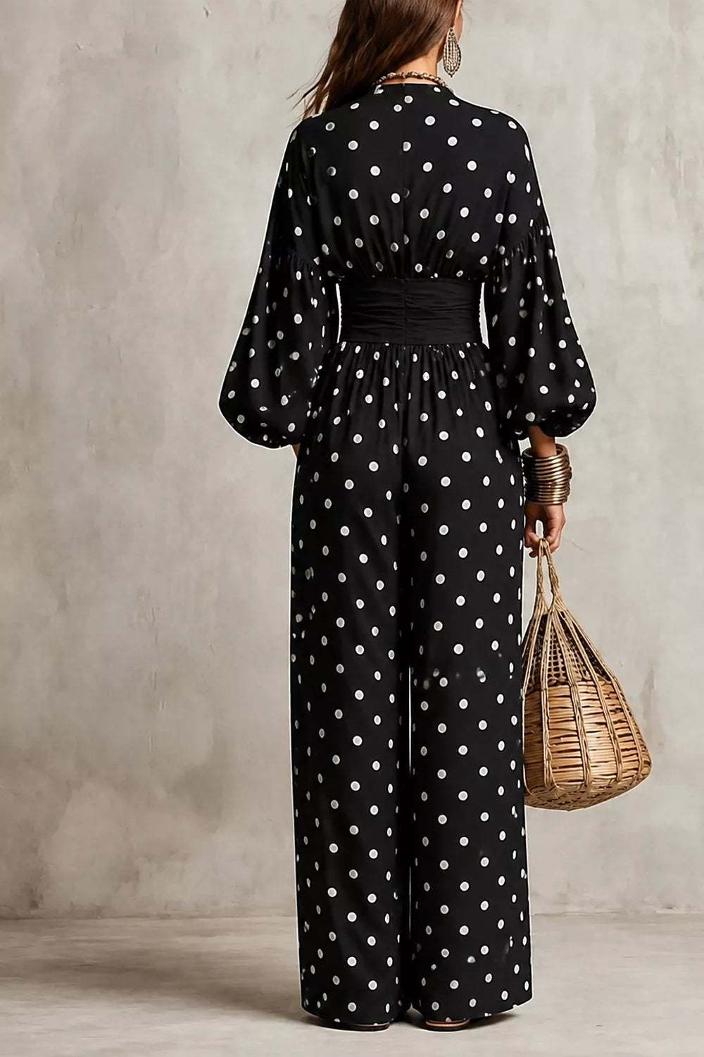 Women's Polka Dot Wide-Leg Jumpsuit in Black, back view