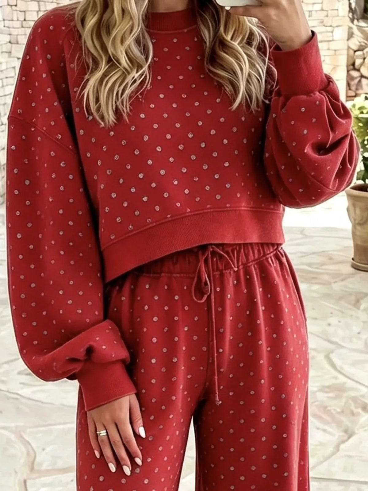Red swiss dot crop top and wide-leg pants set — design and construction details