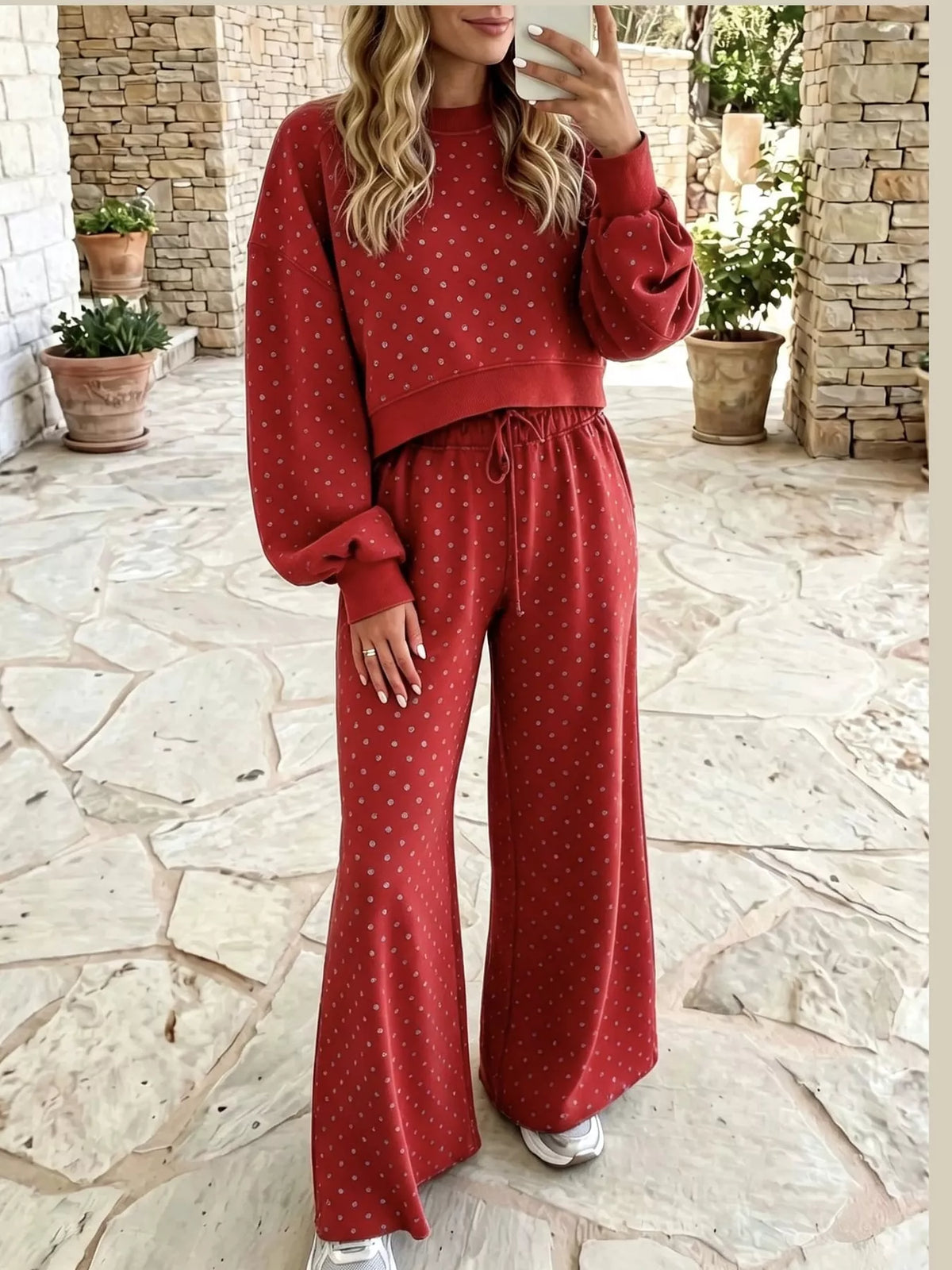 Red swiss dot crop top and wide-leg pants set — front view