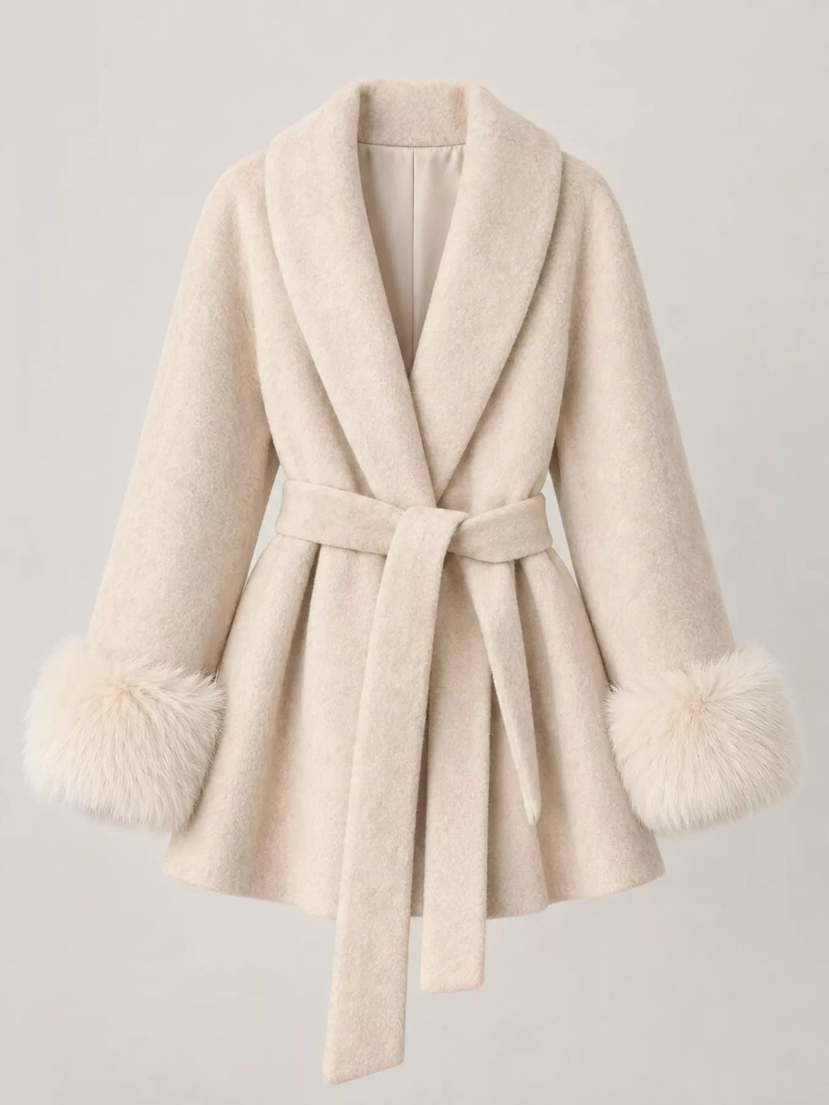 Cream tie-waist coat with faux fur cuffs — front view