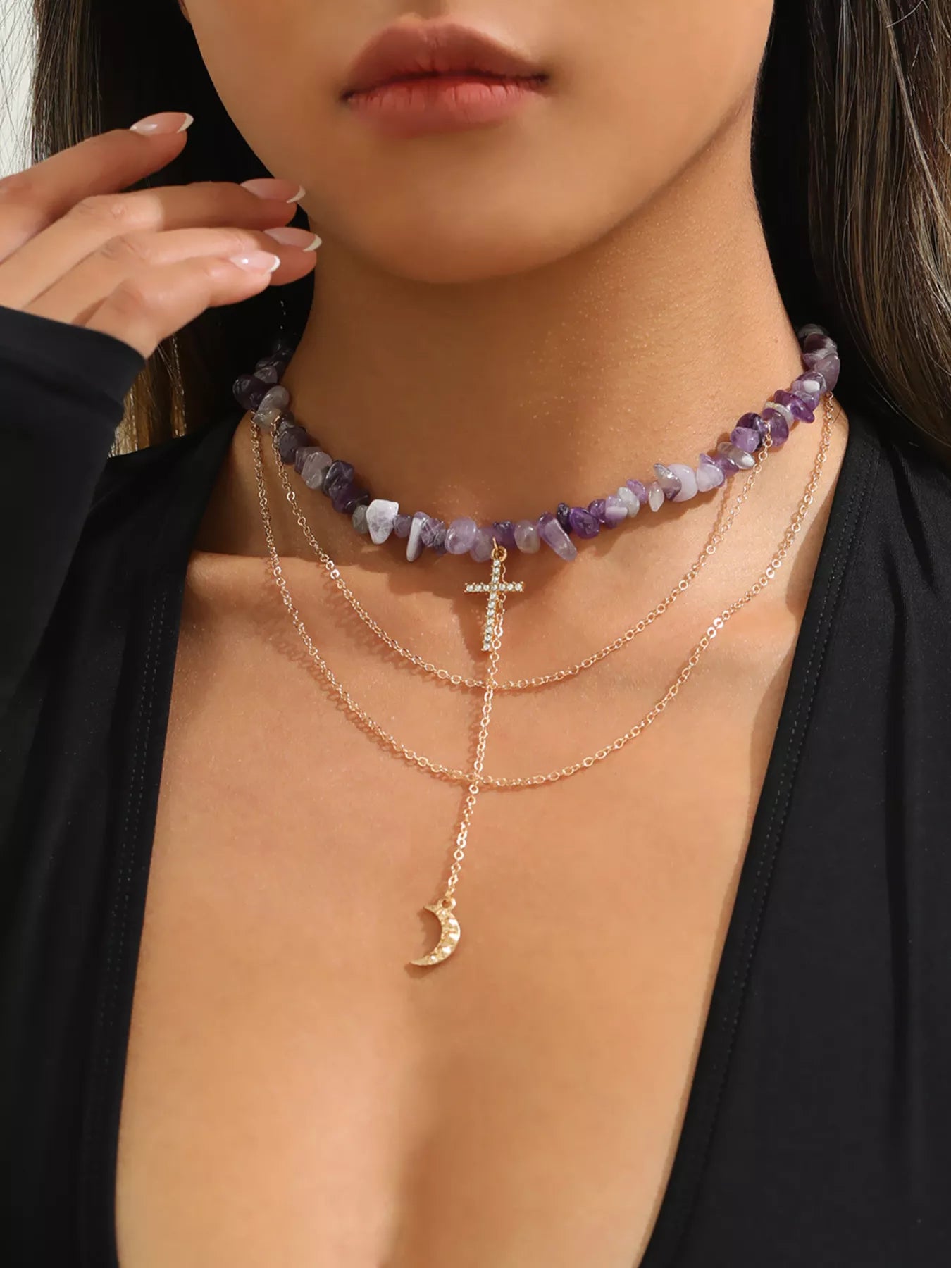 Women's Layered Cross And Moon Pendant Necklace With Natural Stone Choker
