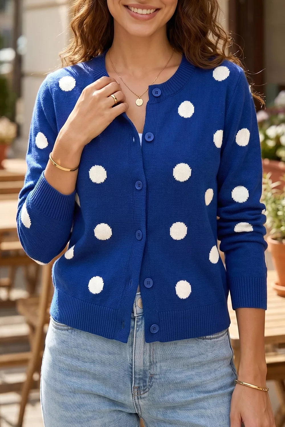 Trendsi Casual Polka Dot Button Front Long Sleeve Sweater Cardigan -