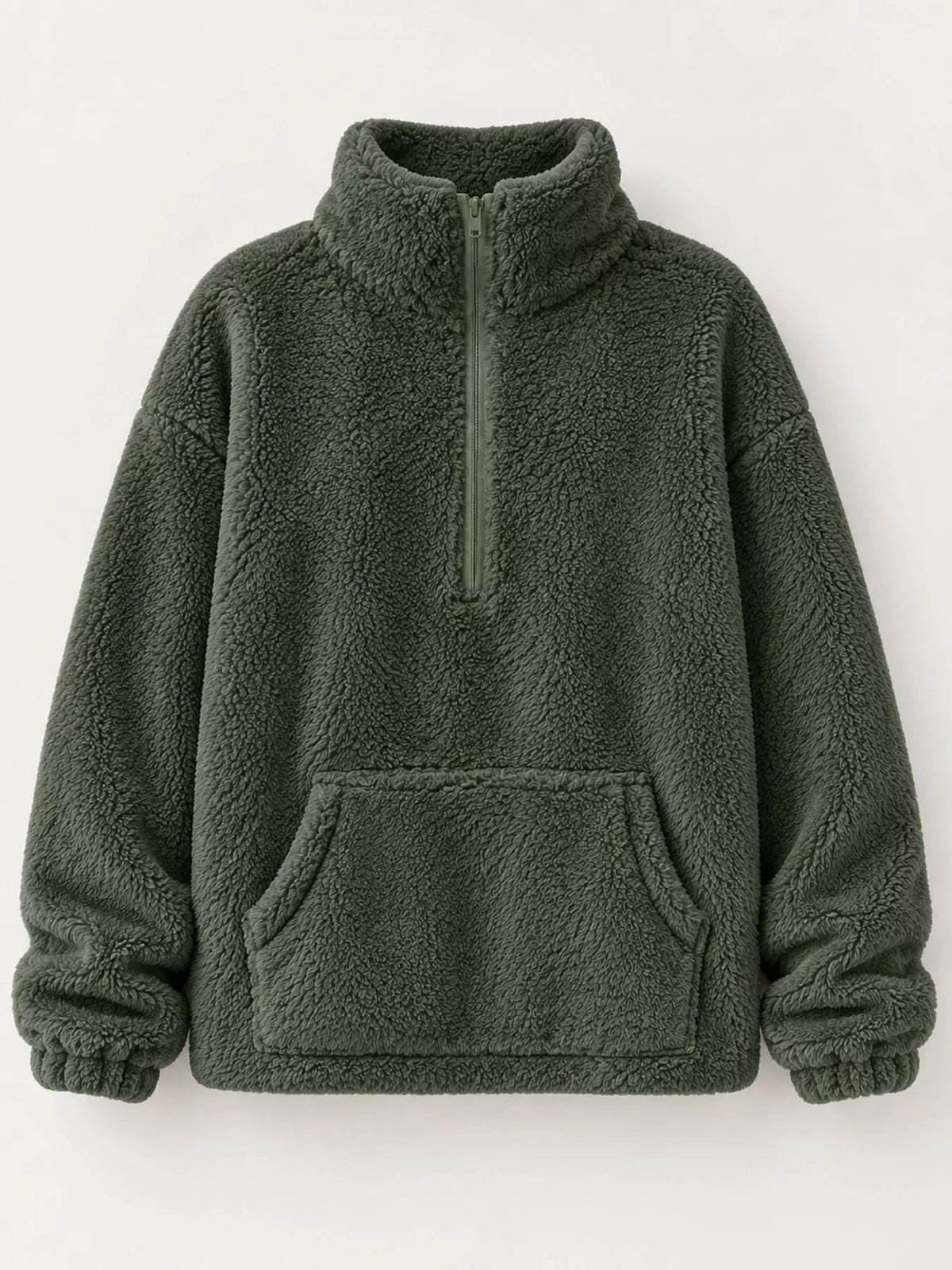 Sherpa quarter-zip sweatshirt, olive hanging front