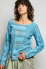 Trendsi POL Round Neck Long Sleeve Exposed Seam Top with Lace Detail -