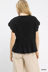 Trendsi Umgee Linen Blend Smocked Peplum Blouse -
