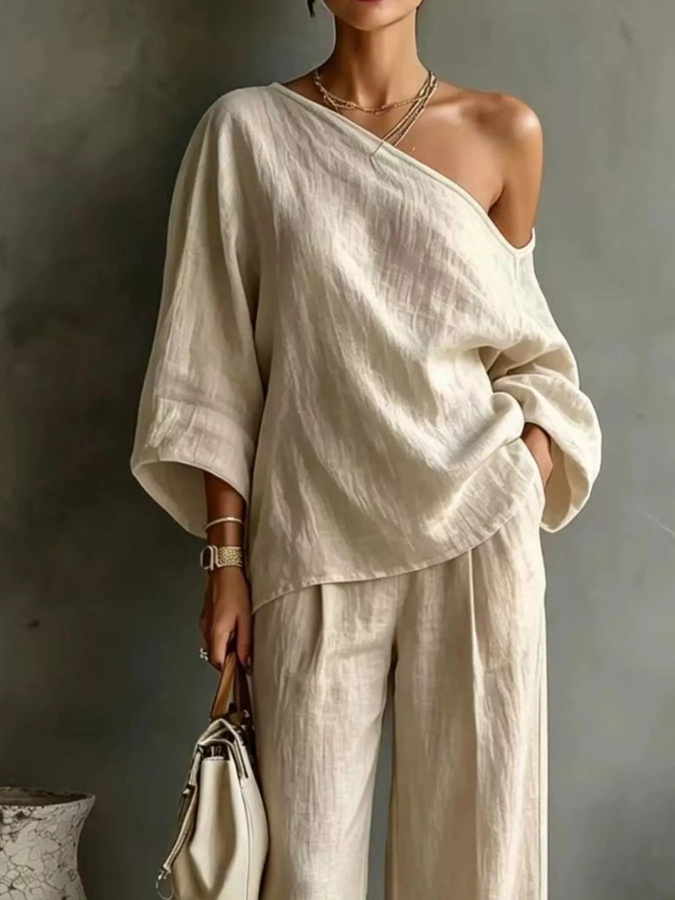 Trendsi One Shoulder Top and Wide Leg Pants Set -