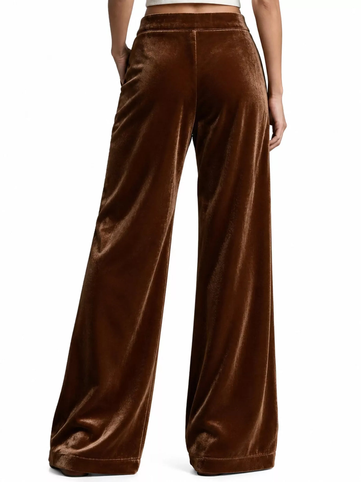 Brown high-waisted wide-leg velvet pocket pants, back view
