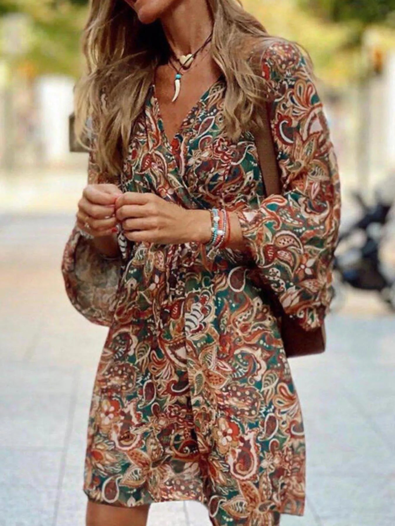 Trendsi Full Size Paisley Print Long Sleeve Mini Dress Plus Size -