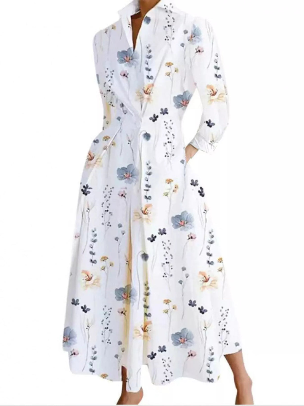 Collared Three-Quarter Sleeve Midi Shirt Dress — front view