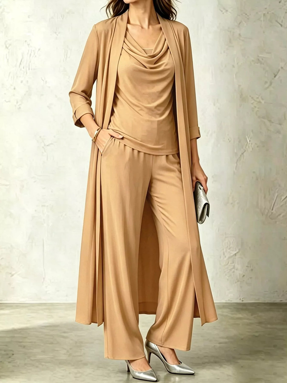 Tan cowl neck top, cardigan and pants set, front view