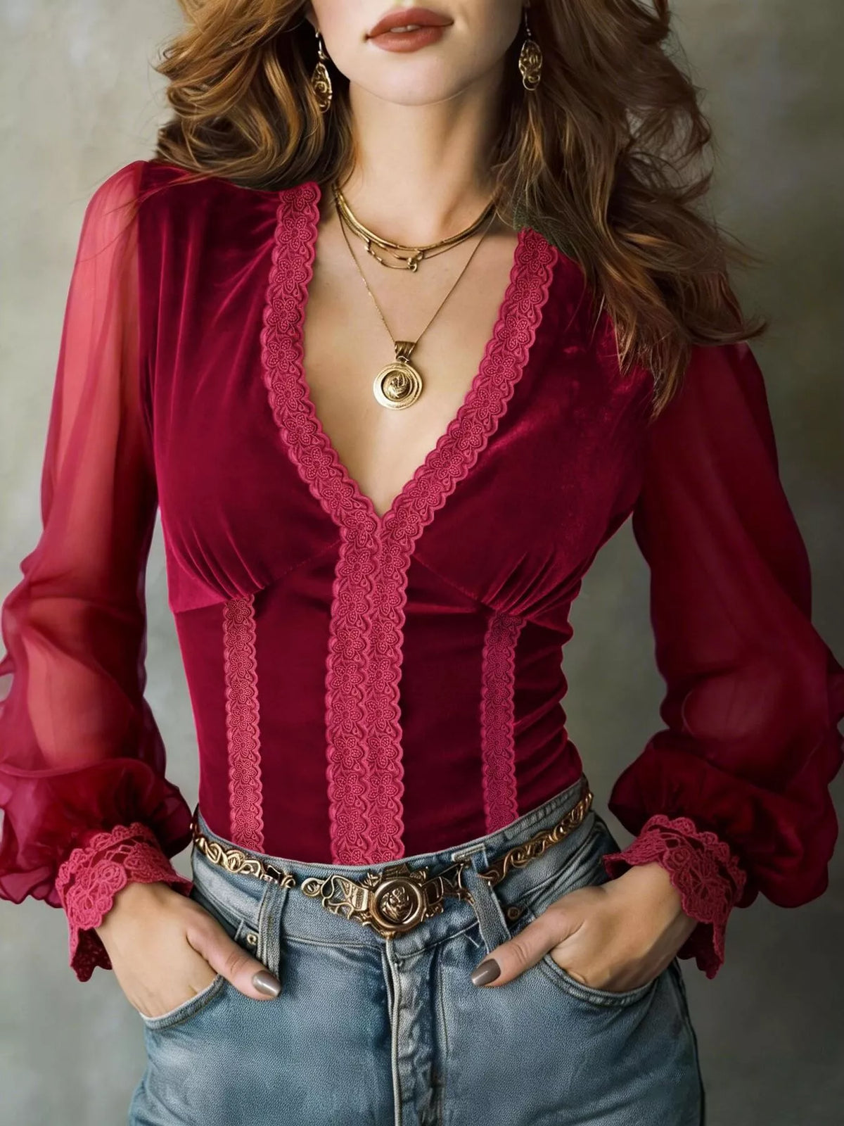 Burgundy lace-trim blouse, front view