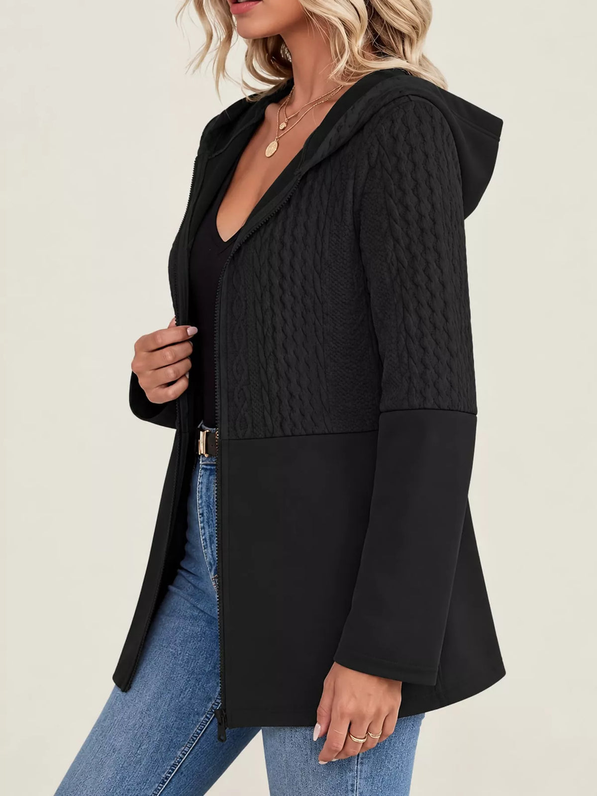 Textured hooded jacket, black side