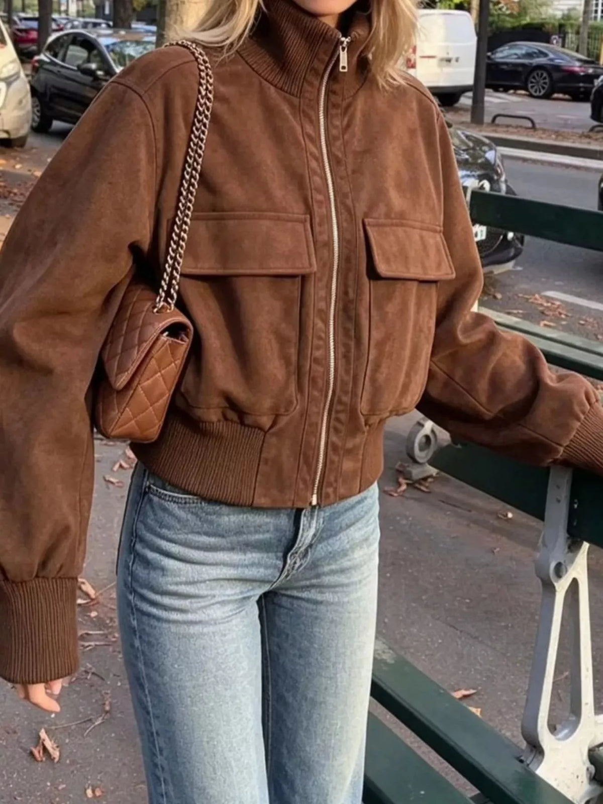 Suede Zip-Up Pocket Jacket — front view