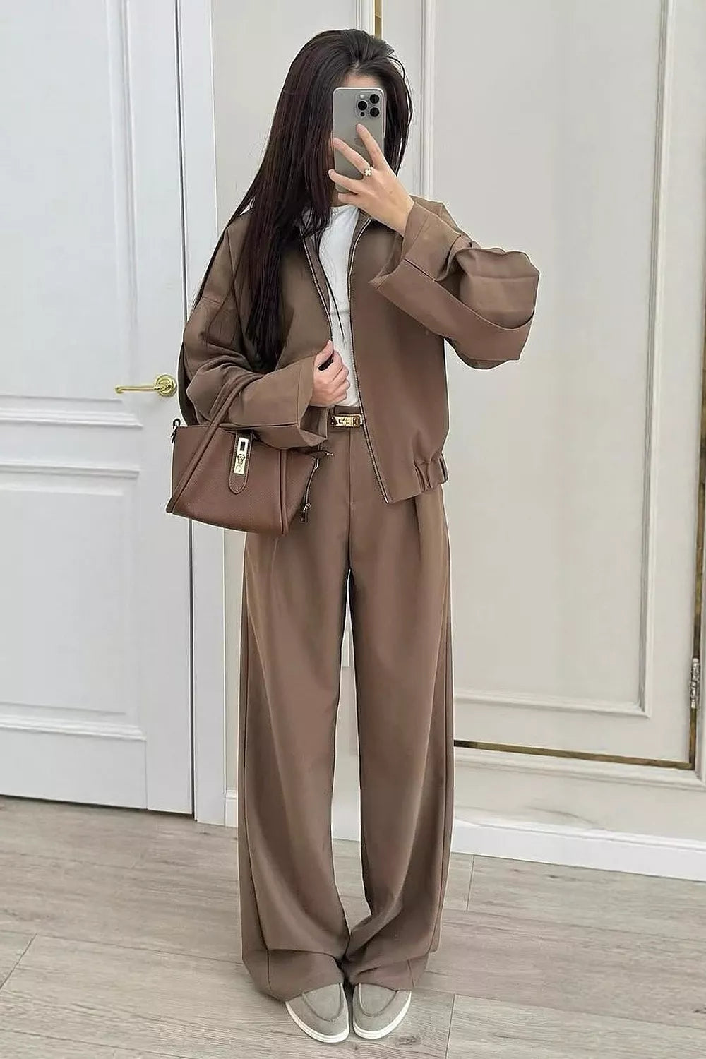Trendsi Zip-Up Jacket and Wide-Leg Pants Set -