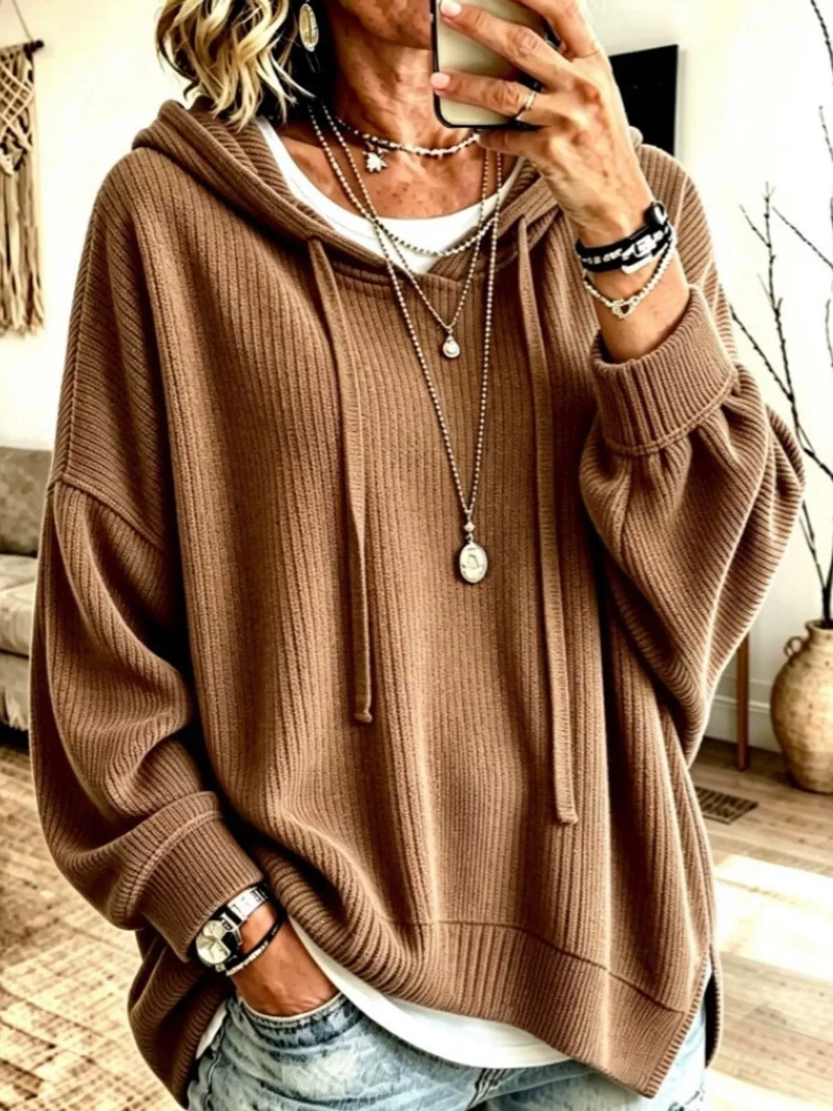 Drawstring Hoodie in brown, front view