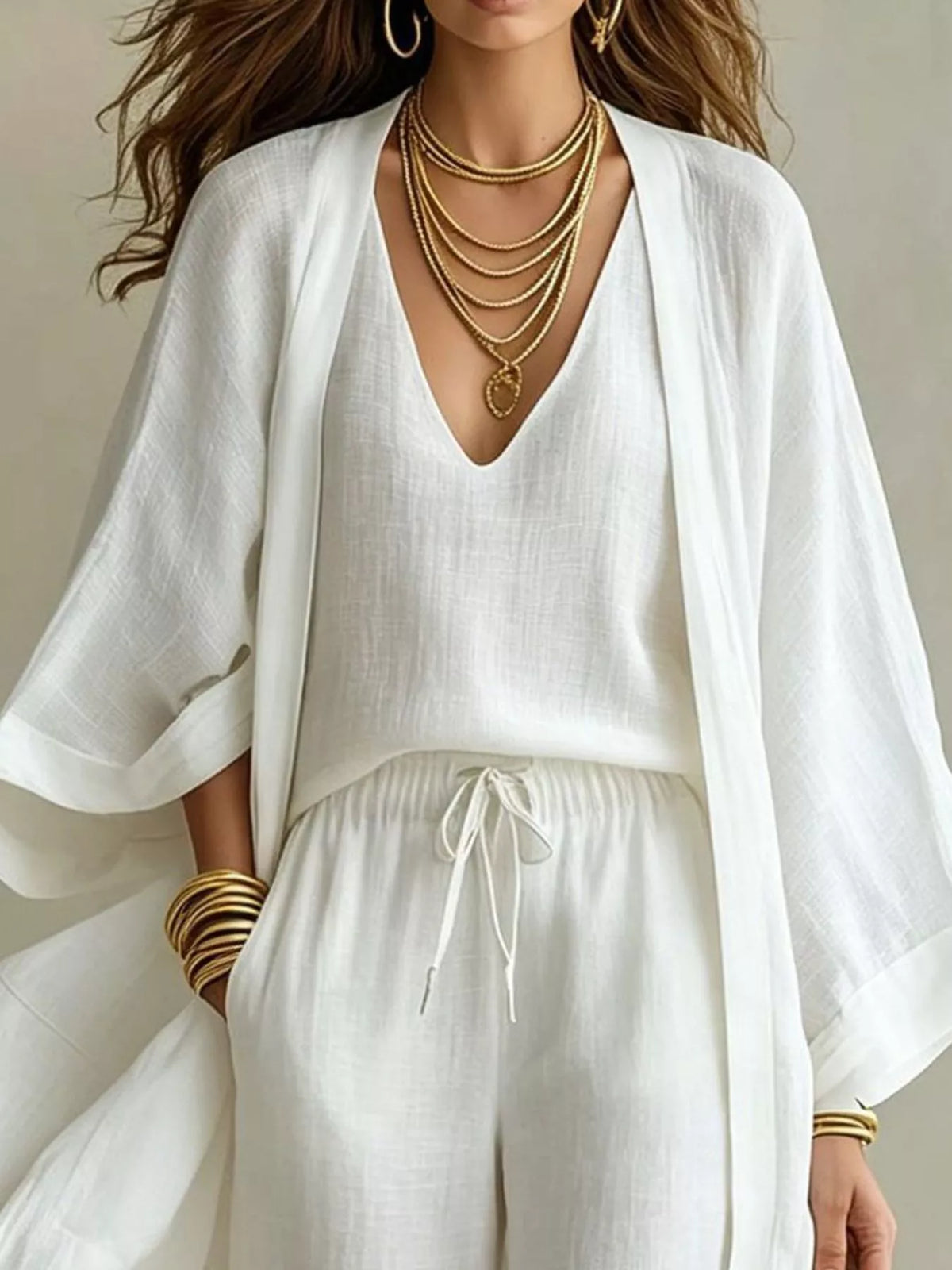 V-Neck Top, Cardigan and Pants Three-Piece Set in white, front view