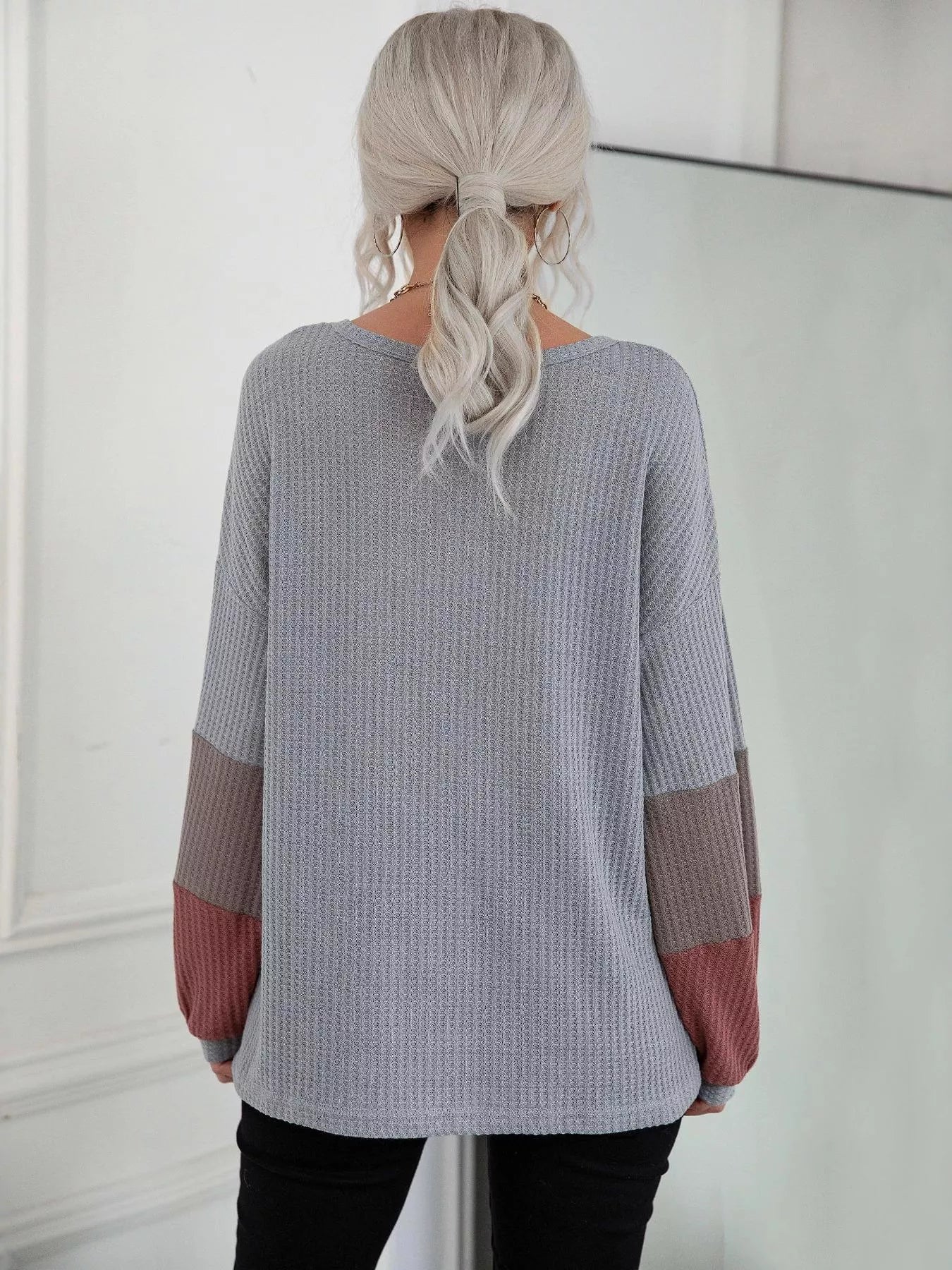 Trendsi V-Neck Waffle Knit Long Sleeve T-Shirt -