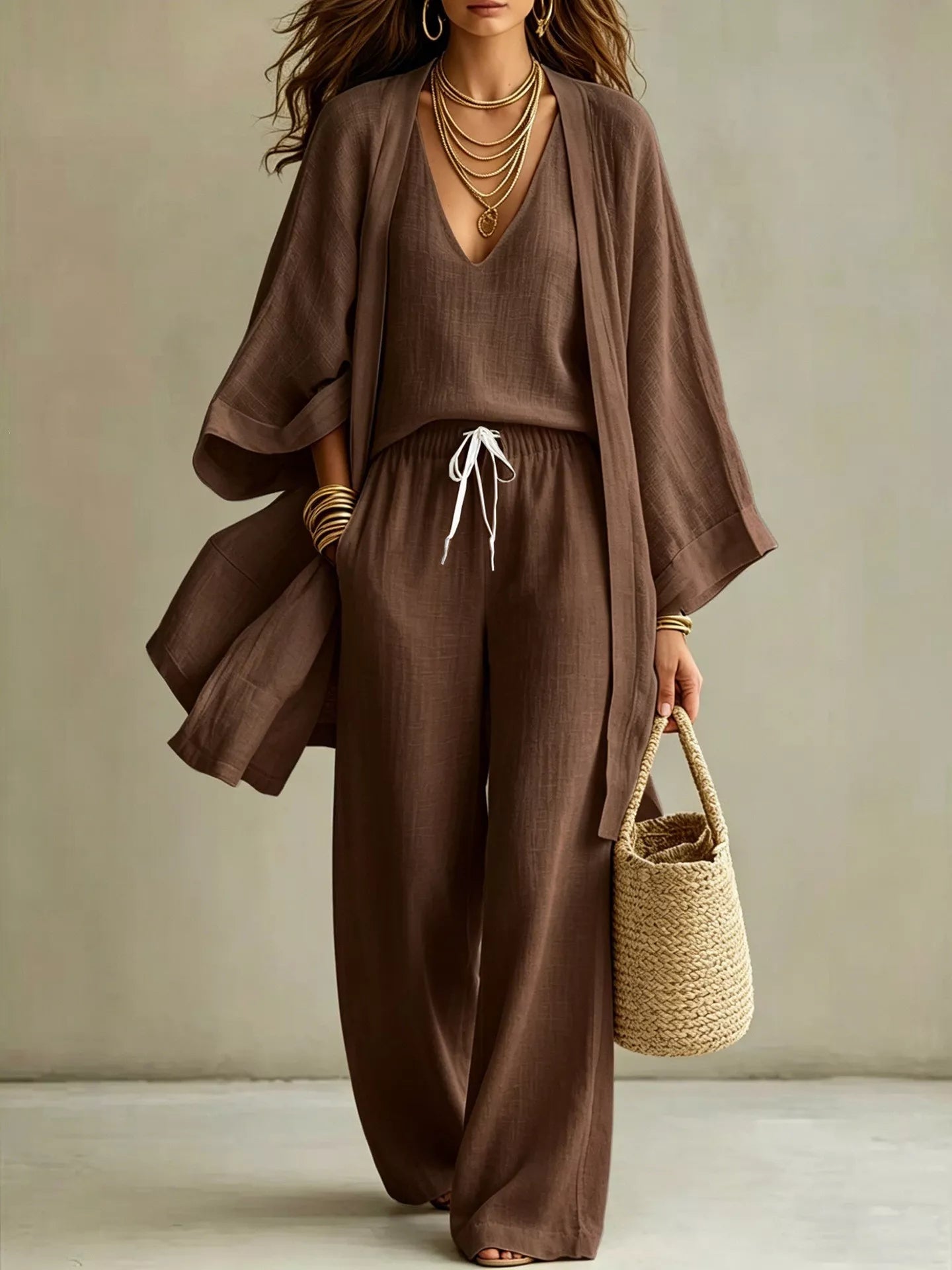 Trendsi Full Size V-Neck Tank & Cardigan and Pants Set Plus Size -