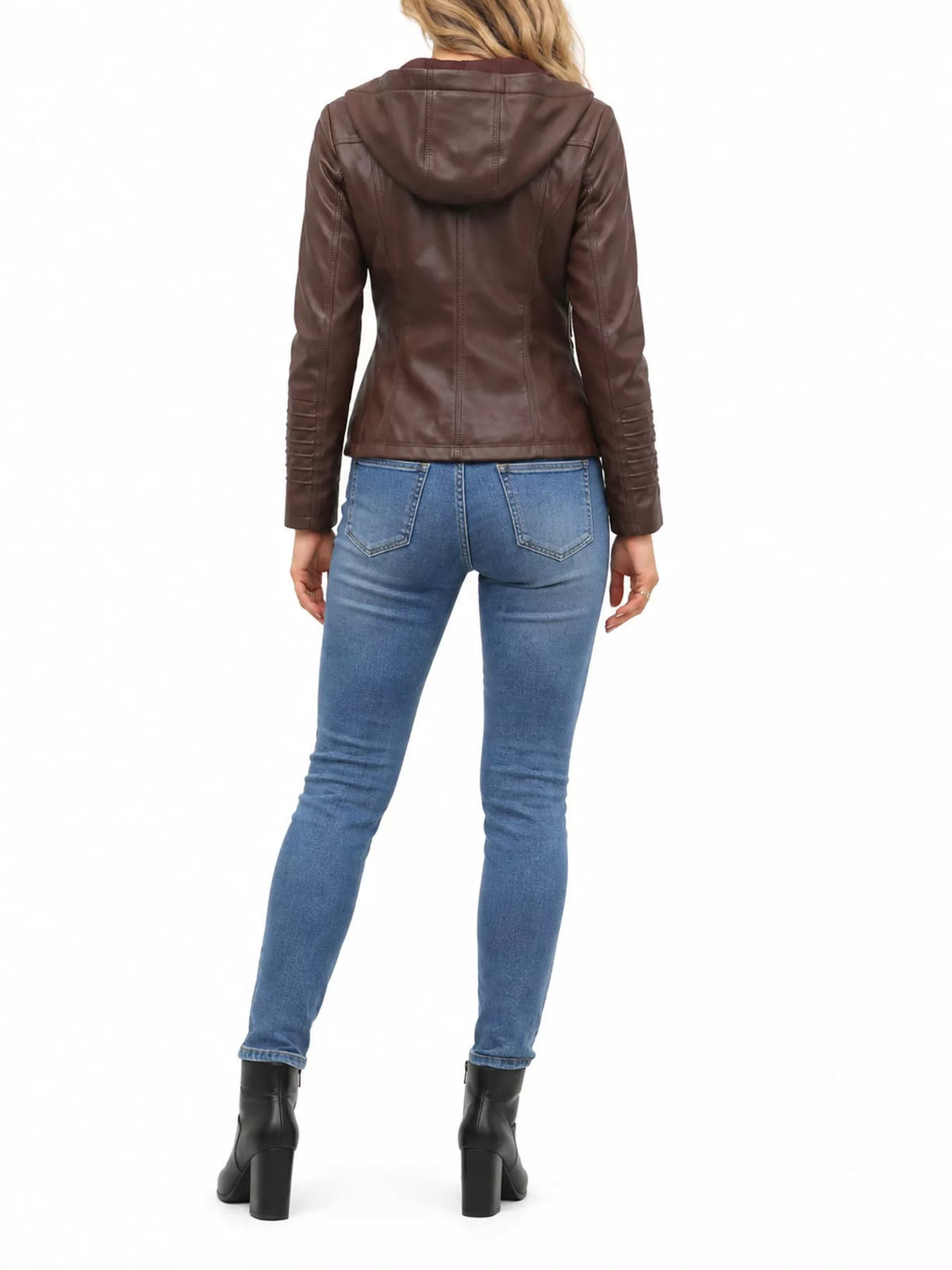 Hooded faux-leather jacket, brown back