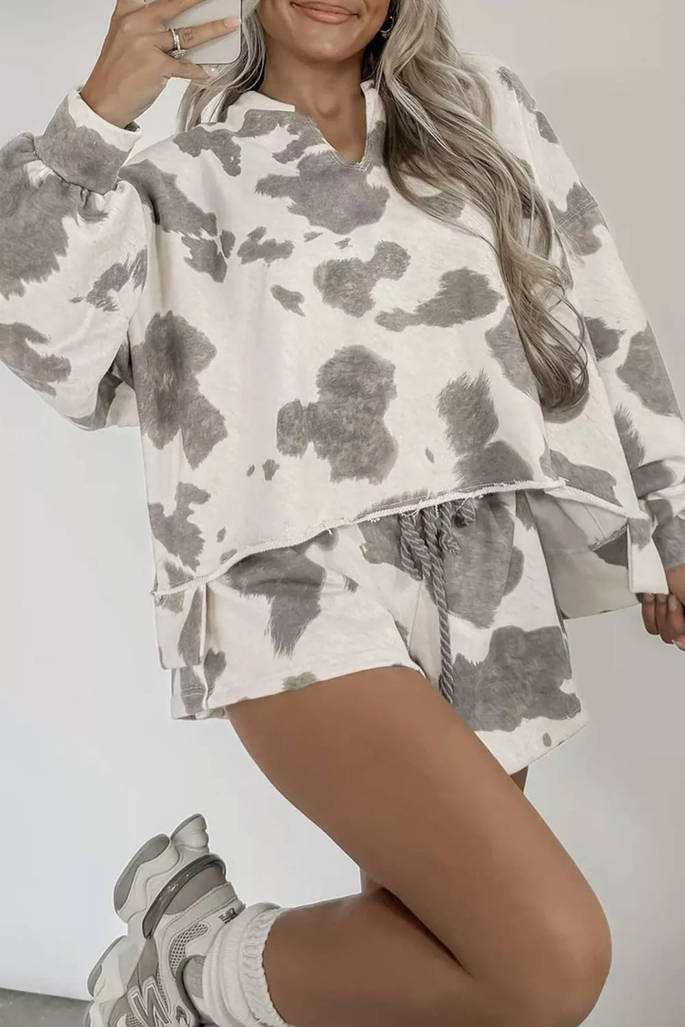 Trendsi Cow Print Top and Drawstring Shorts Set -