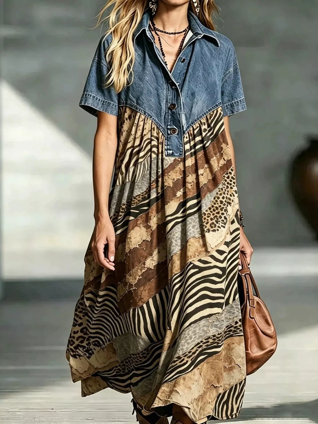 Trendsi Full Size Denim Patchwork Printed Shirt Dress Plus Size -