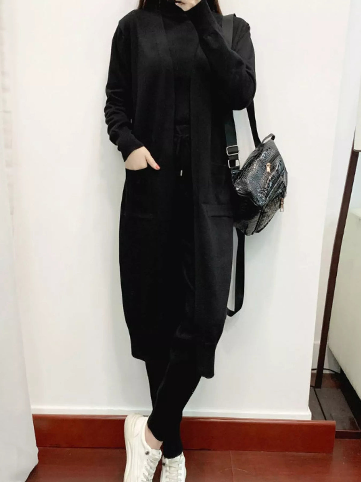 Sleeveless Top and Drawstring Joggers Sweater Set with Long Cardigan — front view