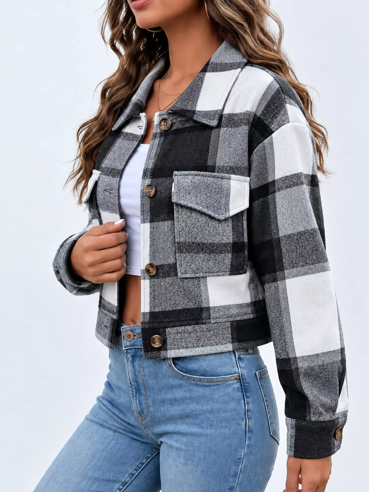 Gray plaid button-up cropped jacket