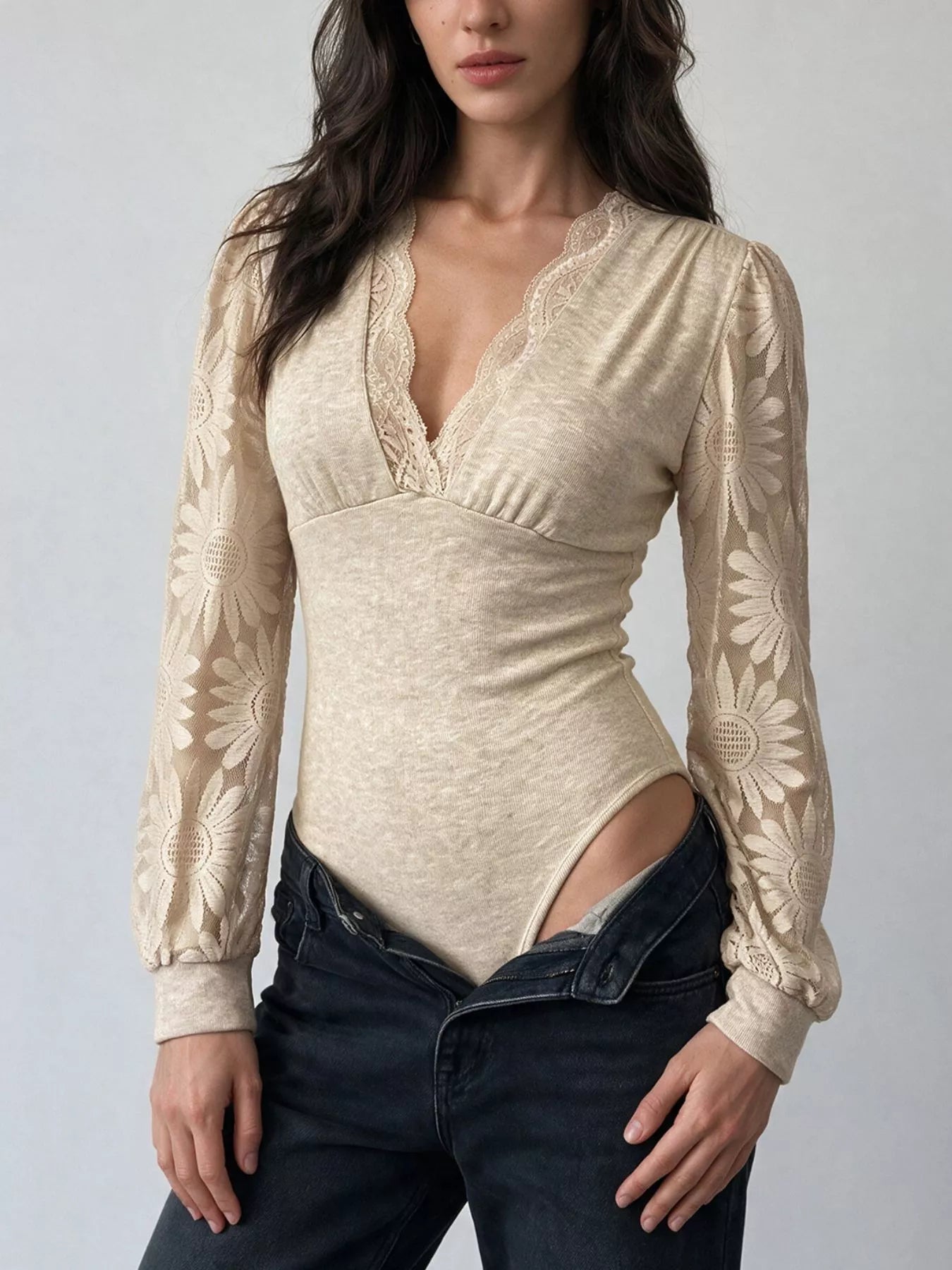 Trendsi V-Neck Lace Trim Floral Mesh Sleeve Bodysuit -