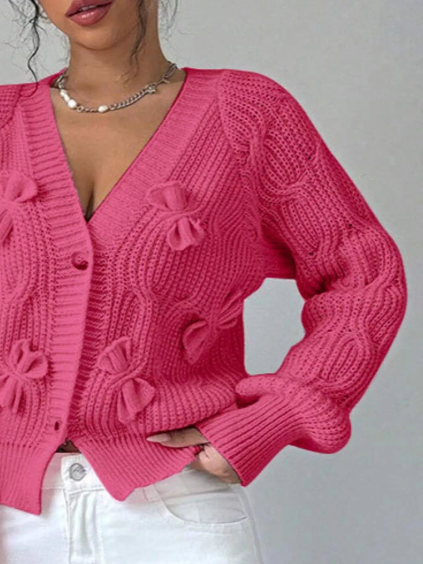 Trendsi Bow Cable Knit V-Neck Cardigan -