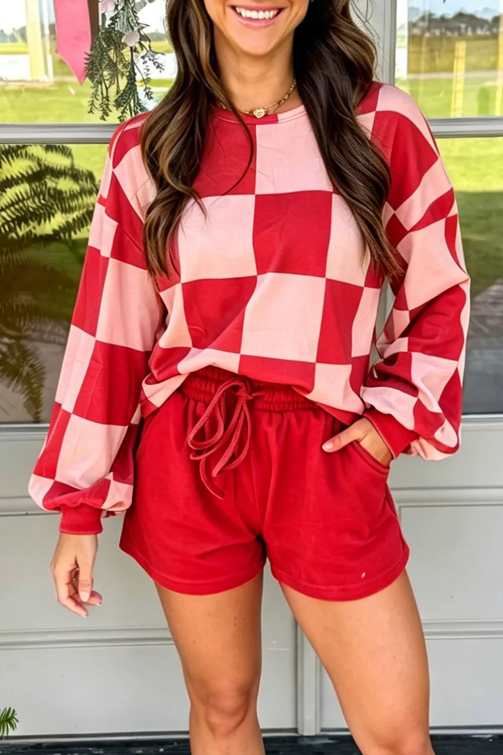 Trendsi Checkerboard Top and Drawstring Shorts Cozy Set -