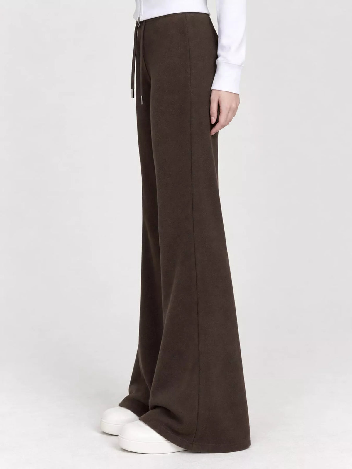 Brown high waisted wide leg drawstring pants, side view