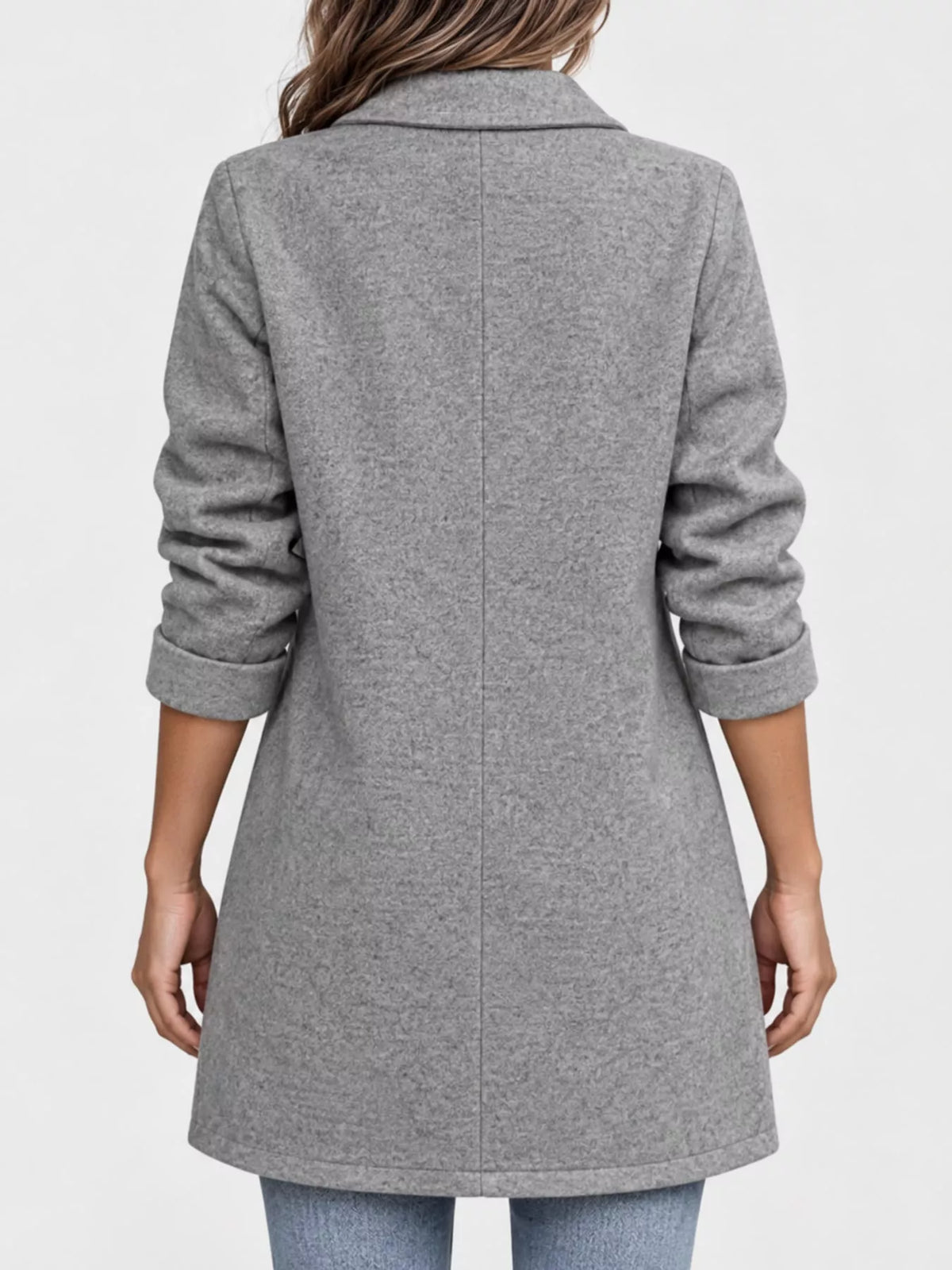 Gray lapel collar button-up coat, back view