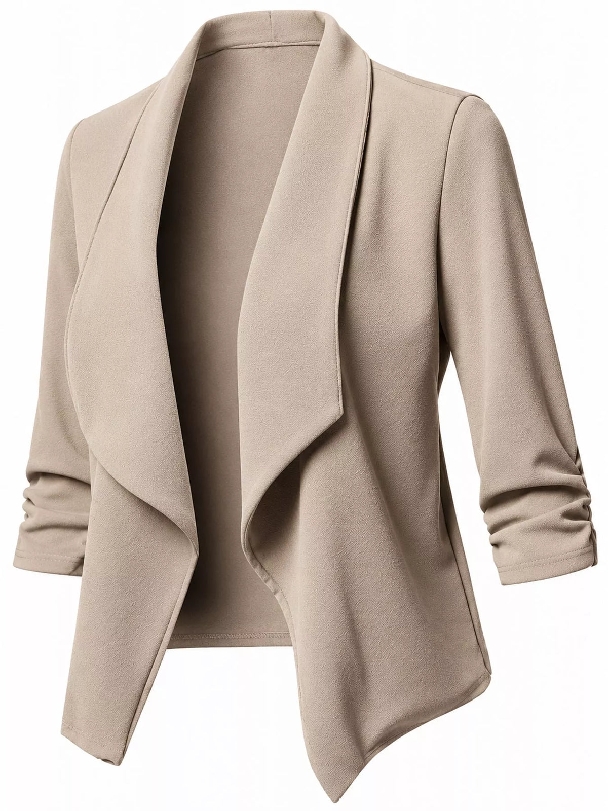 Beige open-front blazer with ruched 3/4 sleeves