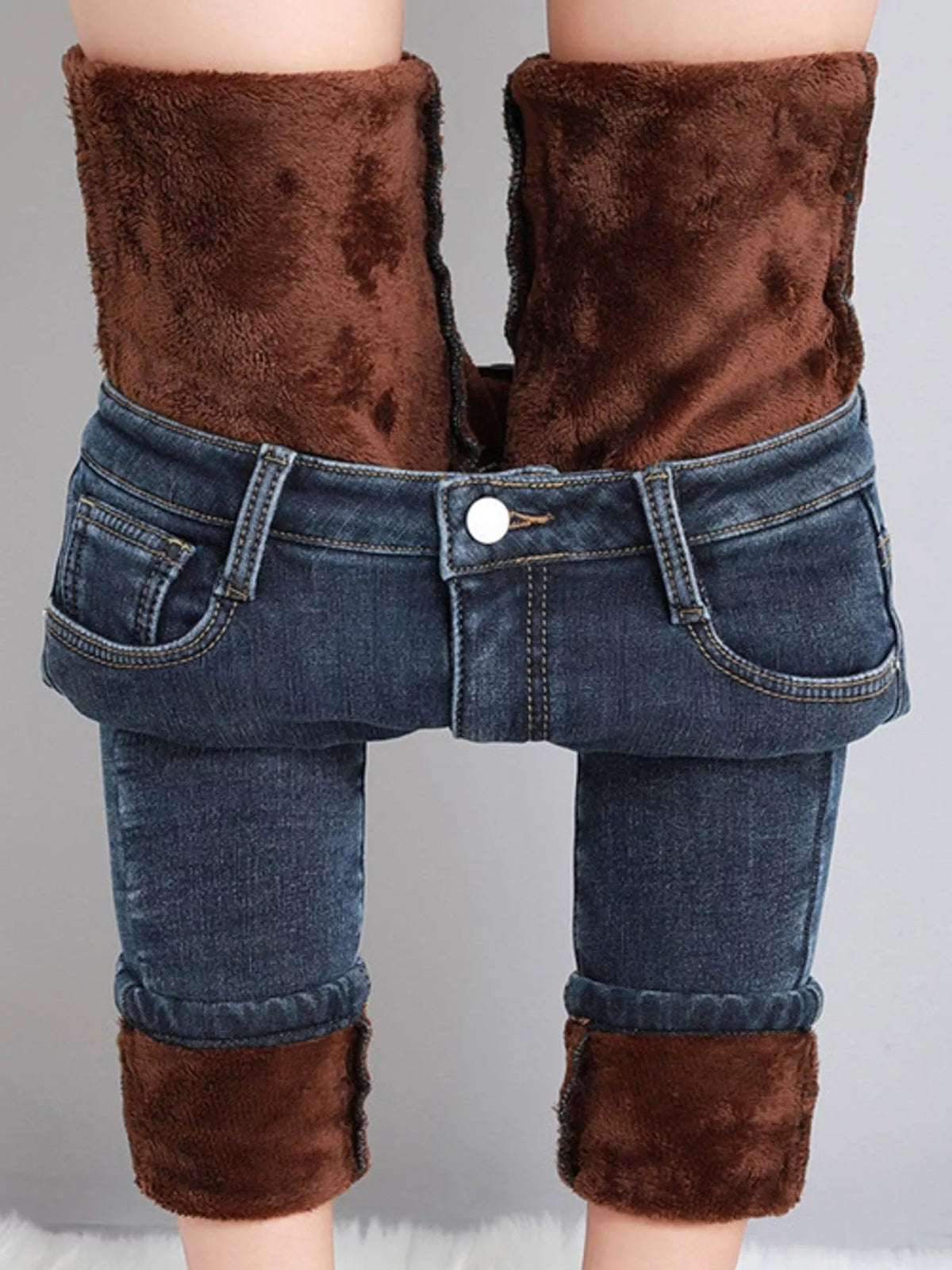 High-Waisted Slim-Fit Stretch Fleece Jeans — construction details