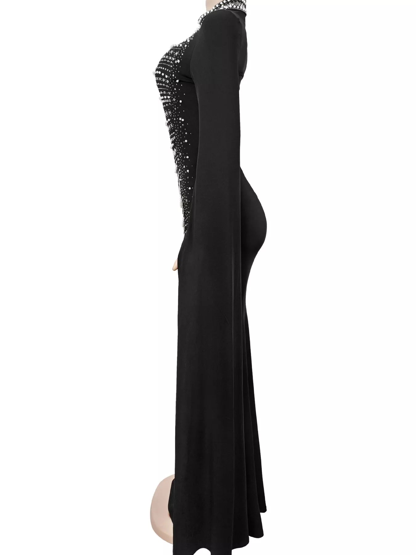 Trendsi Rhinestone Slit Flare Sleeve Cape Maxi Dress -