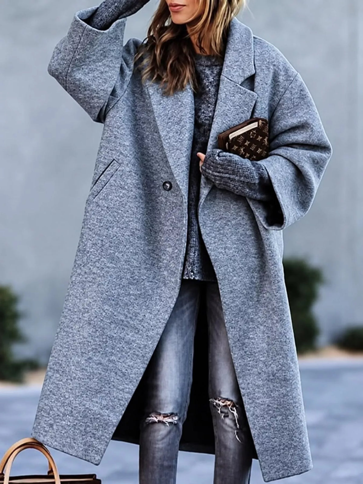 Gray lapel collar one button coat