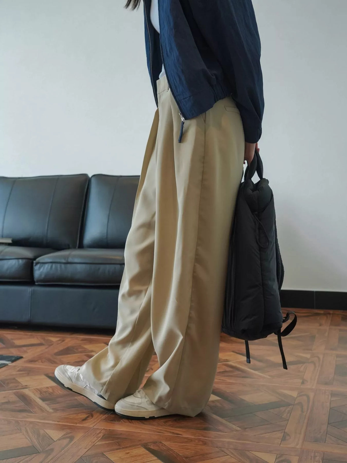 Women's High-Waisted Pleated Wide-Leg Pants in beige — side view
