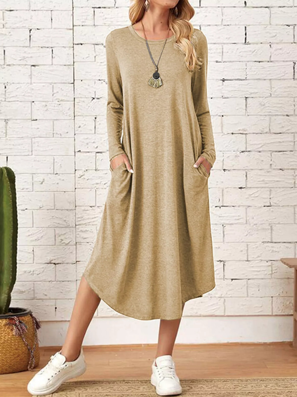 Round neck long sleeve midi dress, front view on model